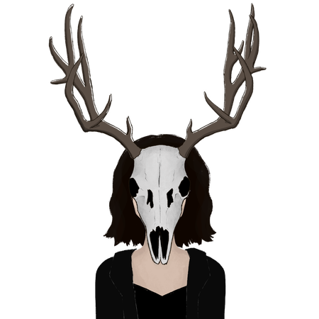 a person with short, dark brown hair with their face covered by an elk's skull.