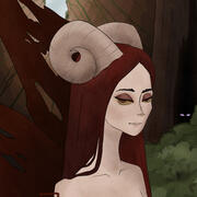 Kier, a faery with long, blood-red hair, ram's horns, and torn blood-red wings.